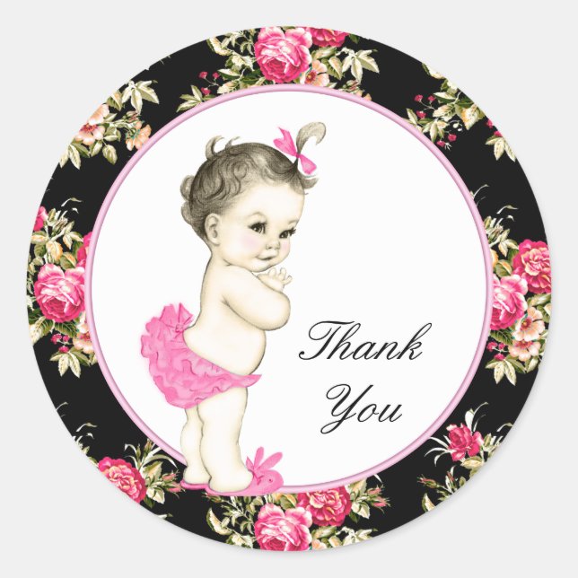 Pink and Black Chintz Rose Baby Shower Classic Round Sticker (Front)