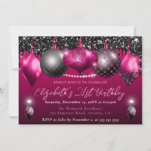 Pink and Black Christmas Ornament 21st Birthday Invitation