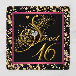 Pink and Black Confetti Sweet Sixteen Invitation