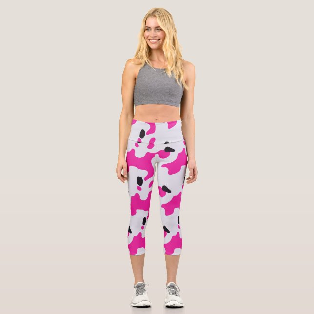 Pink and Black Cow Print Pattern Capri Leggings (Front)