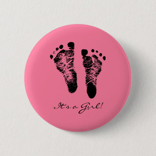Pink and Black Cute Baby Footprints Its a Girl 2 Inch Round Button