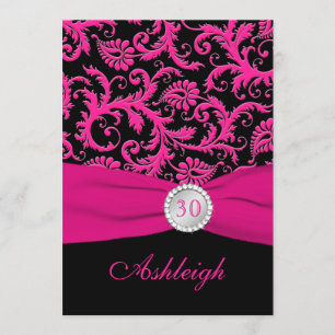 Pink and Black Damask 30th Birthday Invitation