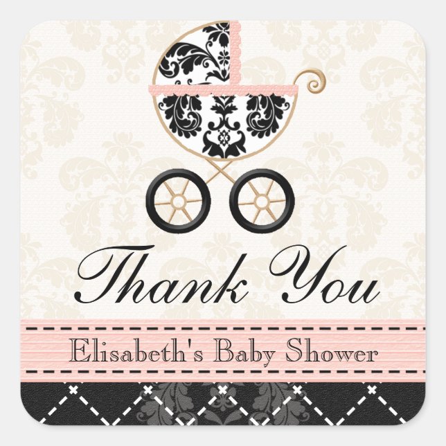 Pink and Black Damask Baby Carriage Thank You Square Sticker (Front)