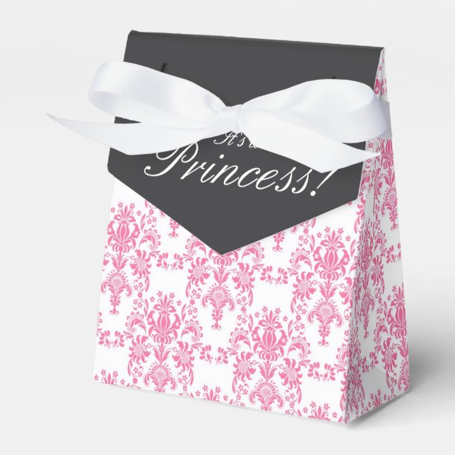 Pink and Black Damask Baby Shower Favor Box (Front Side)