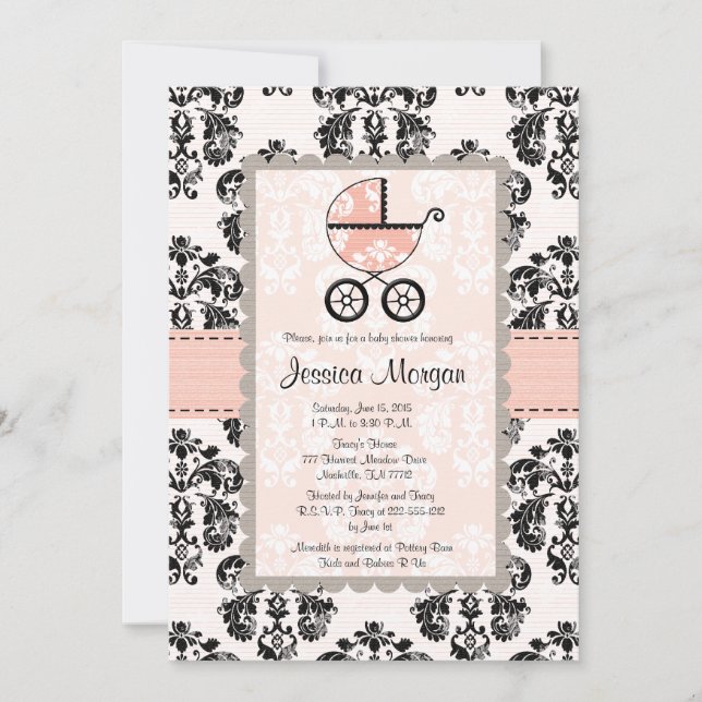 Pink and Black Damask Baby Shower Invitations (Front)
