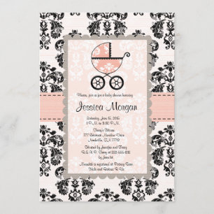 Pink and Black Damask Baby Shower Invitations