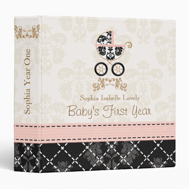 Pink and Black DAMASK Carriage Baby Photo Album Binder (Front/Spine)
