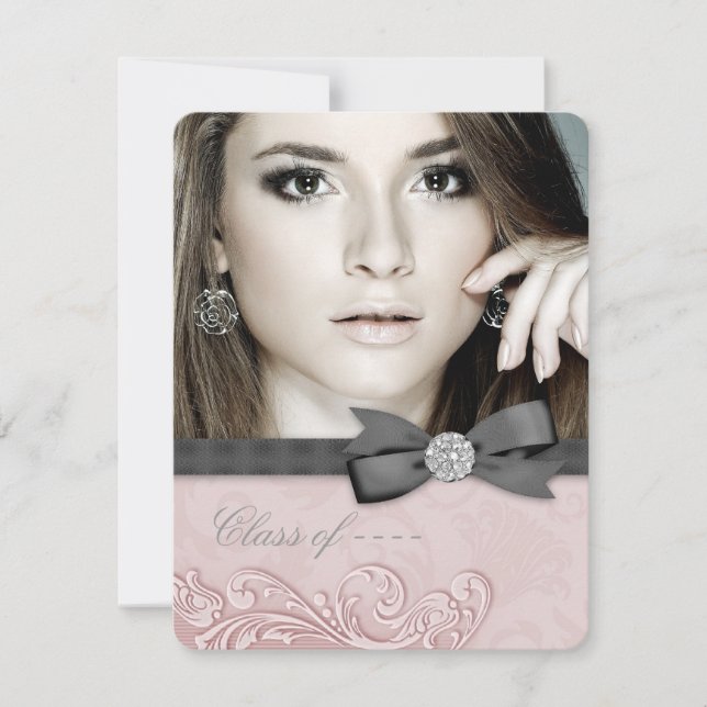 Pink and Black Damask Graduation Announcement (Front)