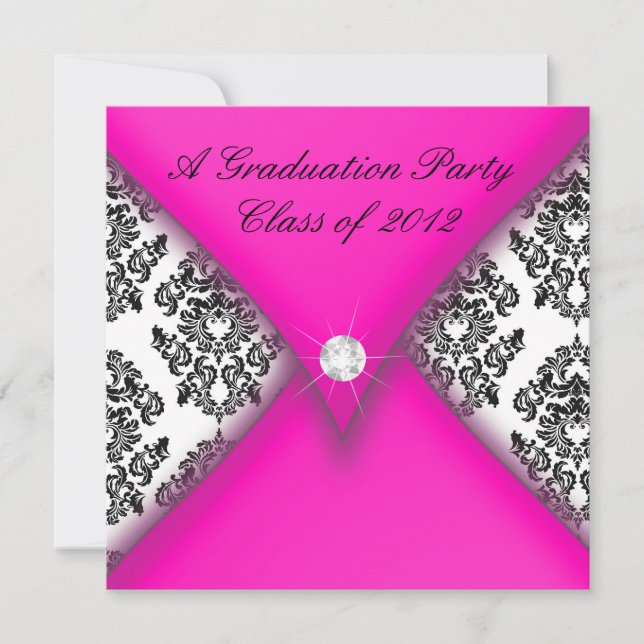 Pink and Black Damask Graduation Party Invitation (Front)