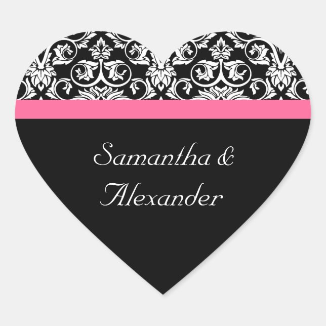 Pink and Black Damask Heart Damask Sticker Seal (Front)
