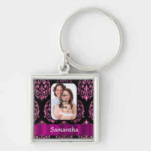 Pink and black damask keychain
