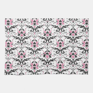 Pink and Black Damask Pattern Kitchen Towel