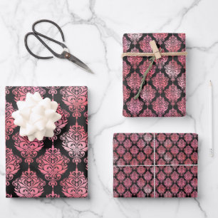 Pink and Black Damask Pattern Wrapping Paper Sheet