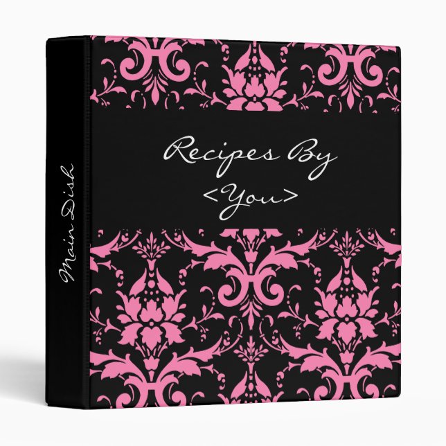 Pink and Black Damask Recipe Cook Book Binder (Front/Spine)