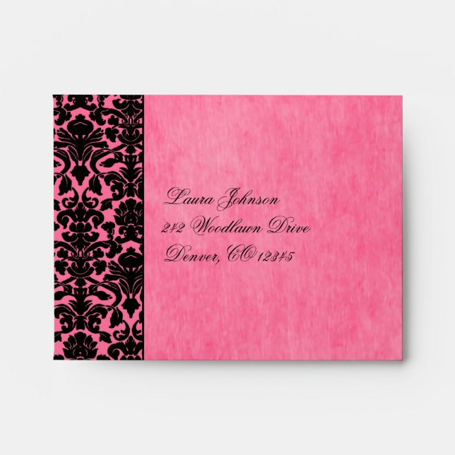 Pink and Black Damask Return Address A2 Envelope (Front)
