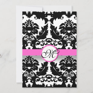Pink and Black Damask Swirls Wedding Invitation