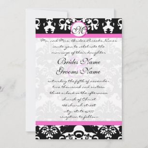 Pink and Black Damask Swirls Wedding Invitation