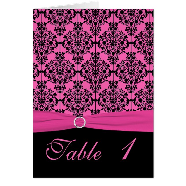 Pink and Black Damask Table Number Card (Front)