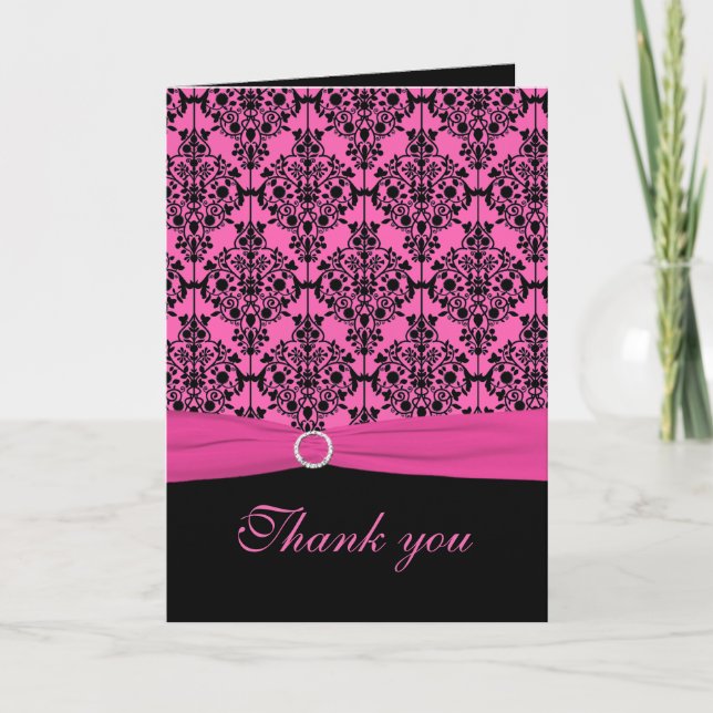 Pink and Black Damask Thank You Card (Front)