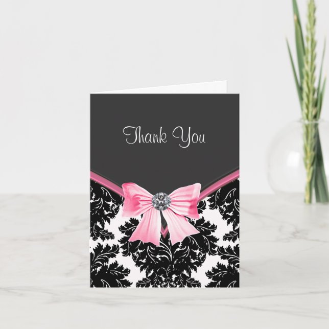 Pink and Black Damask Thank You Cards (Front)
