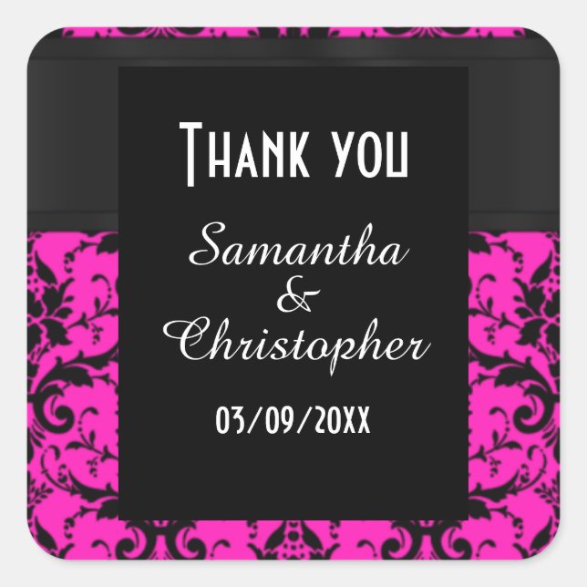 Pink and black damask thank you square sticker (Front)