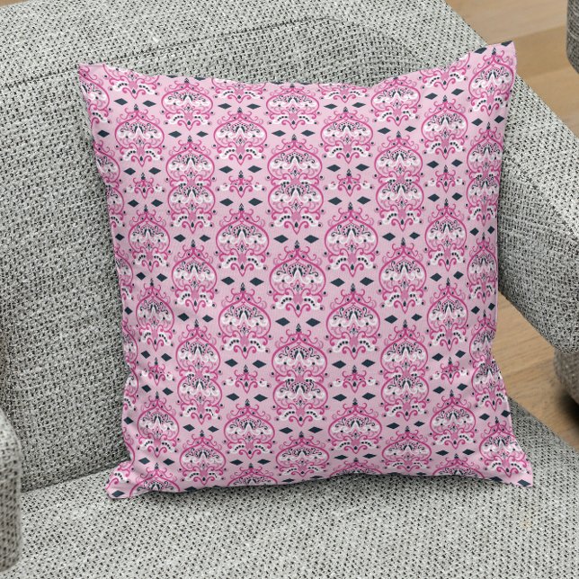 Pink and Black Damask Throw Pillow (Creator Uploaded)