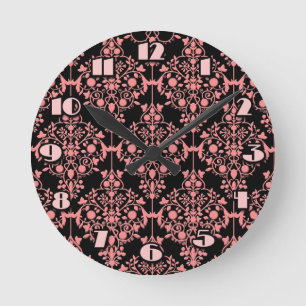 Pink and Black Damask Wall Clock