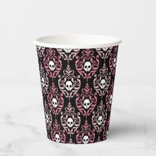 Pink and Black Damask with Skulls Halloween Paper Cups