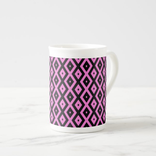 Pink and black diamond pattern bone china mug (Front Right)