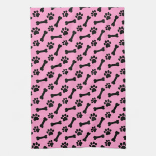 PINK and BLACK Dog Paws and Bones B06 Kitchen Towel