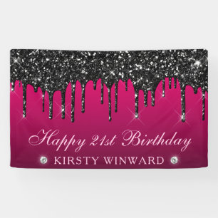 Pink and Black Dripping Glitter 21st Birthday Banner