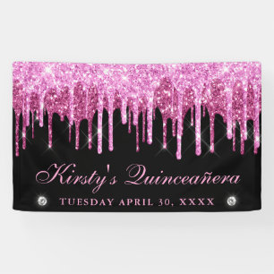 Pink and Black Dripping Glitter Quinceanera Banner