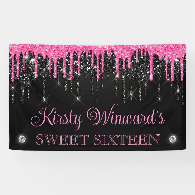 Pink and Black Dripping Glitter Sweet Sixteen Banner (Horizontal)