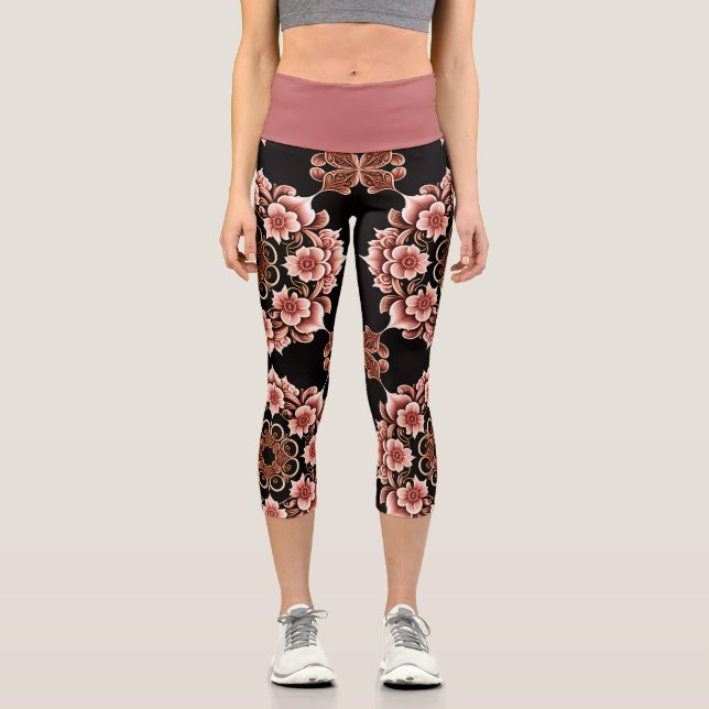 Pink and Black Eastern Design Capri Leggings (Front)