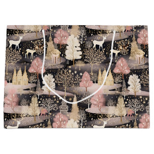 Pink and Black Elegant Snowy Deer Forest Large Gift Bag