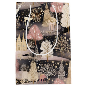 Pink and Black Elegant Snowy Deer Forest Medium Gift Bag