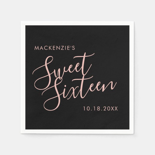 Pink and Black Elegant Sweet 16 Personalized Name Napkin (Front)
