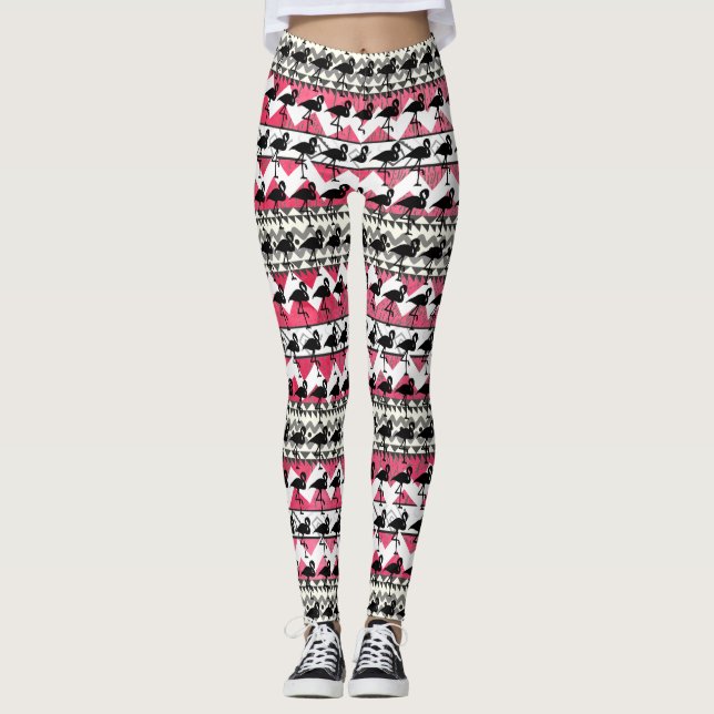Pink and Black Flamingo Aztec Pattern Leggings (Front)