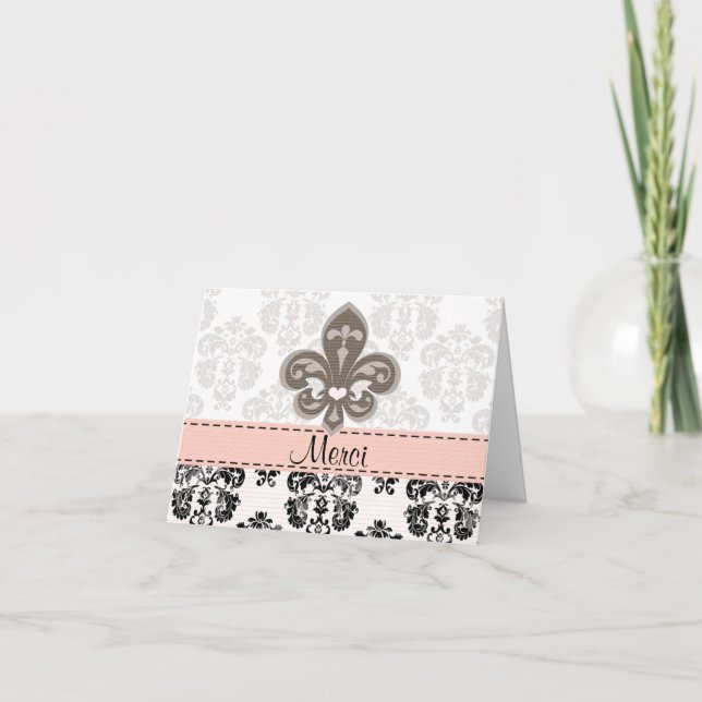 Pink and Black Fleur de Lis Merci Thank You Cards (Front)