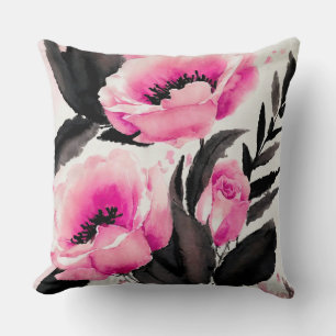 Pink and black floral abstract throw pillow