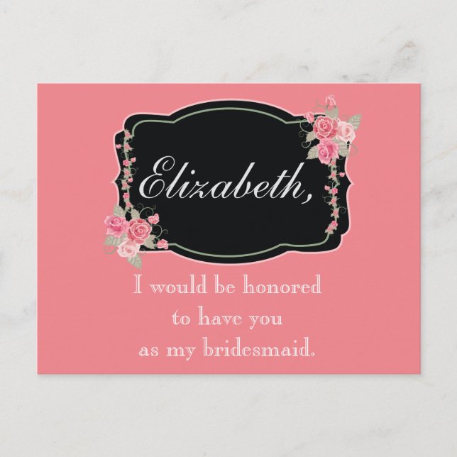 Pink and Black Floral Bridesmaid Proposal Postcard (Front)