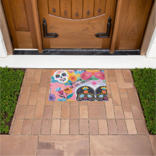 Pink and black Floral Dia de Muertos  Doormat