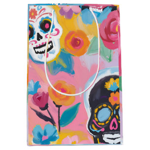Pink and black Floral Dia de Muertos  Medium Gift Bag
