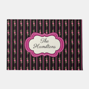 Pink and Black Floral Personalized Doormat