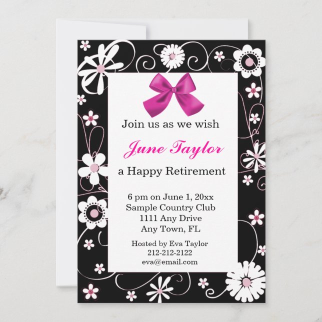 Pink and Black Floral Retirement Party Invitation (Front)