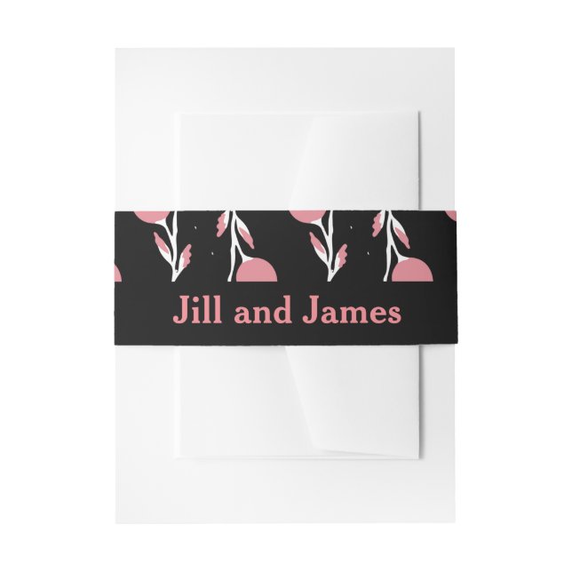 Pink and Black Floral Rose Vine Invitation Belly Band (Front Example)