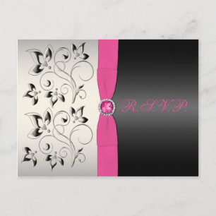 Pink and Black Floral RSVP Postcard