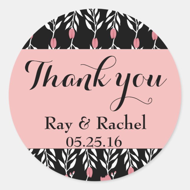 Pink and Black Floral Thank you Classic Round Sticker (Front)