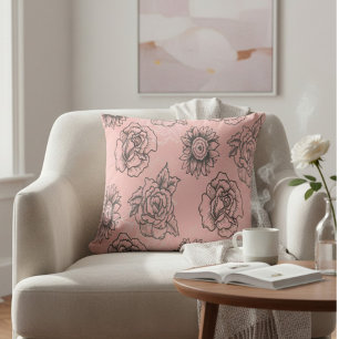 Pink and Black Floral Throw Pillow
