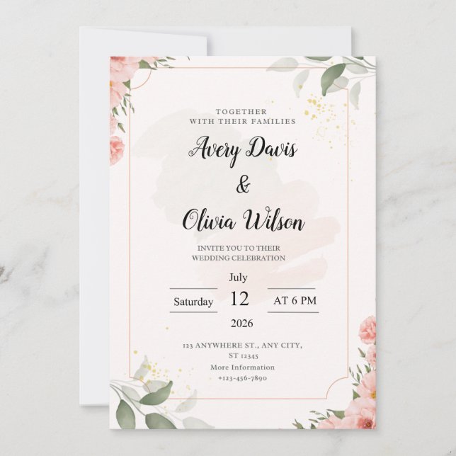 Pink and black   Floral Wedding Invitation (Front)